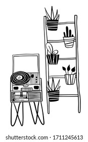 vector cartoon stairs with house plants in the pot and record player on the wooden table