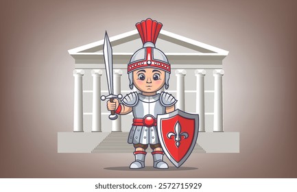 Vector cartoon standing cute kawaii ancient roman warrior infantryman in armor with raised sword and shield. Historical monumental building with columns. Childish toy soldier.