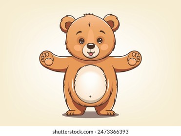 Vector cartoon standing plush cute beautiful little kind Teddy bear wants to hug. He spread his paws. Gift favorite soft toy. Graphic sticker. Light background.