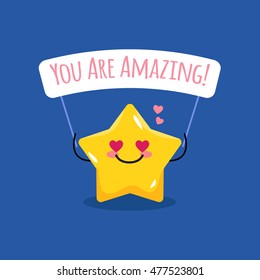 Vector cartoon star illustration with motivational and romantic quote. Gift card comic design concept