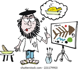 Vector cartoon of starving artist with abstract painting