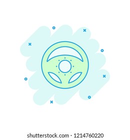 Vector cartoon steering wheel icon in comic style. Rudder wheel sign illustration pictogram. Steering business splash effect concept.