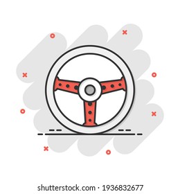 Vector cartoon steering wheel icon in comic style. Rudder wheel sign illustration pictogram. Steering business splash effect concept.