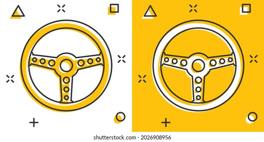 Vector cartoon steering wheel icon in comic style. Rudder wheel sign illustration pictogram. Steering business splash effect concept.