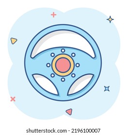 Vector cartoon steering wheel icon in comic style. Rudder wheel sign illustration pictogram. Steering business splash effect concept.