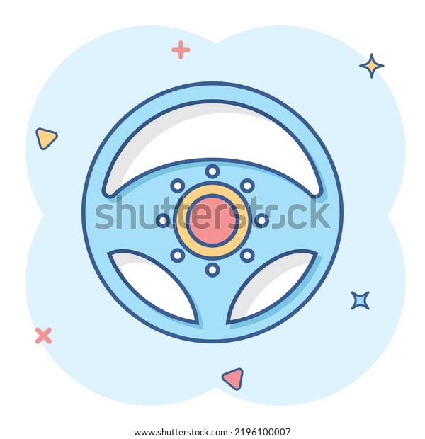 Vector cartoon steering wheel icon in comic\
style. Rudder wheel sign illustration pictogram. Steering business\
splash effect concept.