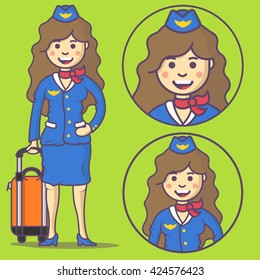 Vector cartoon stewardess in uniform and with big bag. Set icons stewardess character in cartoon style. 