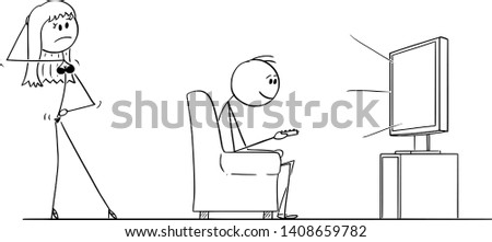 Vector cartoon stick figure conceptual illustration of man sitting in armchair and enjoying watching TV or television, while sexy woman or wife in lingerie is offering him sexual intercourse or sex.
