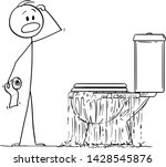 Vector cartoon stick figure drawing conceptual illustration of stressed man looking at overflowing toilet in bedroom and thinking what to do with the problem.