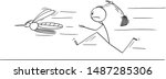 Vector cartoon stick figure drawing conceptual illustration of man or businessman chasing big mosquito with swatter, flapper or fly-flap.