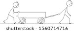 Vector cartoon stick figure drawing conceptual illustration of two men or businessmen pushing empty cart or handcart or pushcart.
