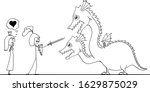 Vector cartoon stick figure drawing conceptual illustration of man in armor or knight going to fight with dragon for his princess of love. Valentine concept.