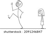 Vector cartoon stick figure drawing conceptual illustration of happy smiling man leaving sad depressed woman in background. Breaking up relationship.