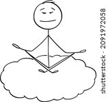 Vector cartoon stick figure drawing conceptual illustration of peaceful man meditating on cloud in heaven. Relaxation and lifestyle concept.
