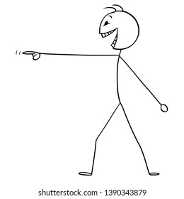 Vector cartoon stick figure drawing conceptual illustration of mad or crazy man or person pointing his finger and laughing.