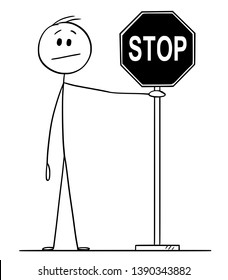 Vector cartoon stick figure drawing conceptual illustration of man or businessman holding stop sign.