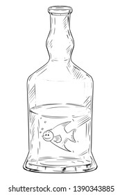 Vector cartoon stick figure drawing conceptual illustration of man as fish swimming in hard liquor or spirits bottle. Metaphor of addiction and alcoholism.
