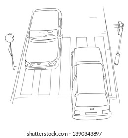 Vector cartoon stick figure drawing conceptual illustration of man waiting on crosswalk or pedestrian crossing for green light on stoplights.Red light is on. Aerial view. Cars passing.