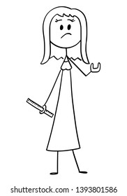 Vector cartoon stick figure drawing conceptual illustration of discontent woman with rule or ruller showing something is too small size gesture, probably penis her lover or partner. Sexual problem