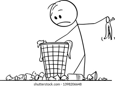 Vector cartoon stick figure drawing conceptual illustration of desperate man or businessman searching for something in trash in dustbin or scrap basket.