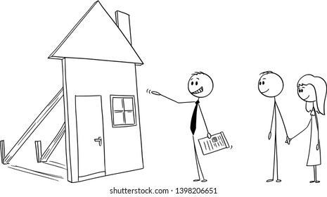Vector cartoon stick figure drawing conceptual illustration of businessman or real estate broker or agent or realtor offering fake mock-up family house to young couple. Concept of fraud or housing.
