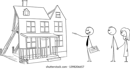 Vector cartoon stick figure drawing conceptual illustration of businessman or real estate broker or agent or realtor offering fake mock-up family house to young couple. Concept of fraud or housing.