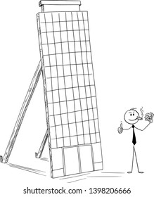 Vector cartoon stick figure drawing illustration of confident businessman or banker smoking cigar, with money in hand showing thumbs-up and standing in front of fake mock-up business building.