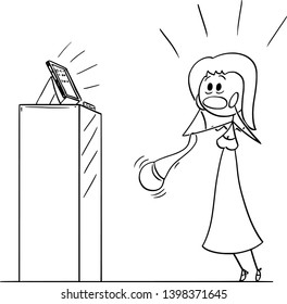 Vector cartoon stick figure drawing of crazy, wild or mad woman who just found new trendy or fashionable cell or mobile phone or tablet in shop.