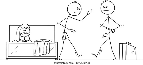 Vector cartoon stick figure drawing conceptual illustration of angry man or husband returned home and found his wife with paramour having sex in bed.Husband is going to fight with lover. Concept of in