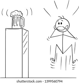 Vector cartoon stick figure drawing conceptual illustration of mad, wild or crazy man who is looking on half-litre or half-liter, mug, pint or half a litre or liter placed on pedestal. Metaphor of alc