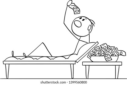 Vector cartoon stick figure drawing conceptual illustration of wealthy man or businessman lying on couch in roman or lucullan style and eating banknotes or cash money.