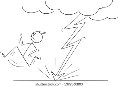 Vector cartoon stick figure drawing conceptual illustration of man or businessman running from the lightning bolt striking ground near to him.