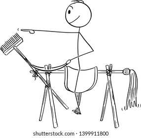 Vector cartoon stick figure drawing conceptual illustration of man or businessman sitting and riding fake horse made from brooms. Metaphor of wrong strategy and planning.