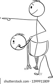 Vector cartoon stick figure drawing conceptual illustration of man or businessman sitting on saddle placed on back of another man like horse.