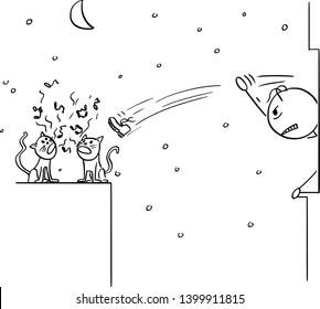 Vector cartoon stick figure drawing conceptual illustration of two cats screaming at night and angry woken man who can't sleep is throwing shoe from the window.