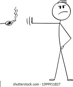 Vector cartoon stick figure drawing conceptual illustration of principled or high-principled man rejecting smoking cigar or cigarette with hand gesture and pose.