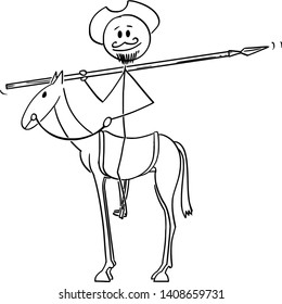 Vector cartoon stick figure drawing conceptual illustration of knight on horse with windmill on background - Don Quijote, character from book