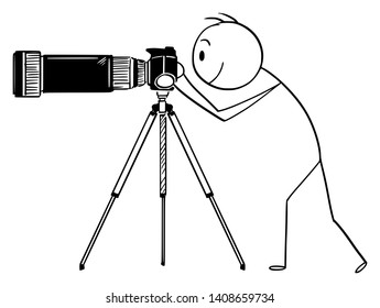 Vector cartoon stick figure drawing conceptual illustration of man or photographer taking photo with camera with big and long zoom or telephoto lens mounted on tripod.