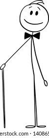 Vector cartoon stick figure drawing conceptual illustration of elegant fashionable man or dandy with walking stick and bow tie.