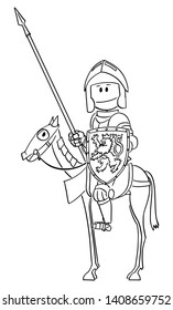 Vector cartoon stick figure drawing conceptual illustration of knight in armor with lance or spear and shield sitting and riding on horse.