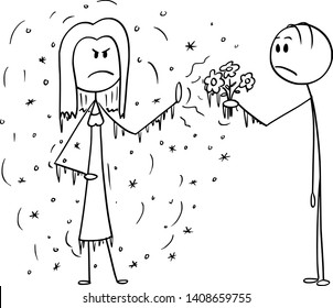 Vector cartoon stick figure drawing conceptual illustration of man in love offering flowers to cold, undersexed or frigid woman that is rejecting him.