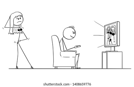 Vector cartoon stick figure drawing of man sitting in armchair and watching porn or pornography on TV or television, while sexy woman or wife in lingerie is offering him sexual intercourse or sex.