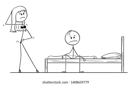 Vector cartoon stick figure drawing conceptual illustration of frustrated impotent man sitting on bed while sexy woman or wife in lingerie is offering him sexual intercourse or sex.