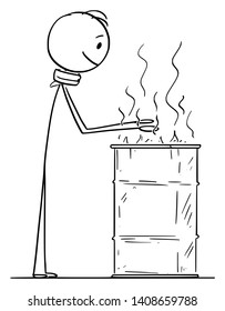 Vector cartoon stick figure drawing conceptual illustration of homeless man warming up at barrel with burning fire.