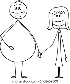 Vector cartoon stick figure drawing conceptual illustration of heterosexual couple of overweight or obese man and slim woman holding hands.