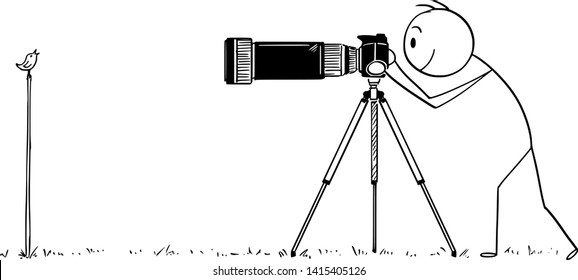 Vector cartoon stick figure drawing conceptual illustration of man with camera on tripod or photographer taking photo of small bird in nature.