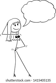 Vector cartoon stick figure drawing of young sexy woman wearing underwear or lingerie or bikini and standing in seductive pose and saying something. Empty speech bubble ready for your text.