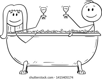 Vector Cartoon Stick Figure Drawing Illustration Of Man And Woman, Romantic Couple Relaxing Together In Bath Tub With Glass Of Wine In Hand.