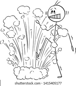 Vector cartoon stick figure drawing conceptual illustration of man or businessman surprised by explosion when stepping on landmine. Business concept of hidden problem.