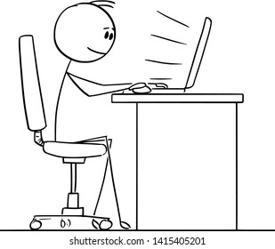 Vector cartoon stick figure drawing conceptual illustration of man or businessman sitting behind desk and typing or working on computer.